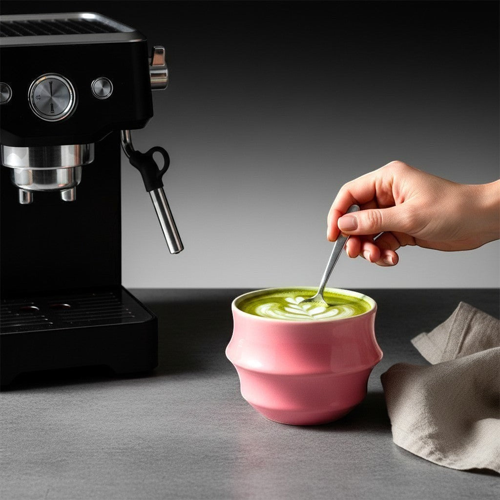CeramicMeltdown.com pink ceramic cocktail cup with a light green interior and a unique ribbed design.