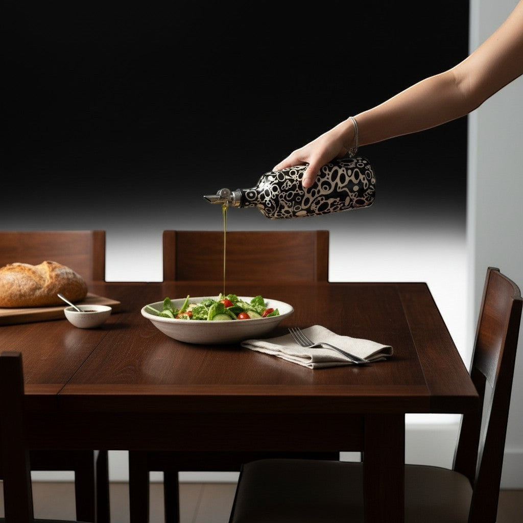 CeramicMeltdown.com black and white ameba textured ceramic olive oil bottle with pouring spout, used to dress a salad.