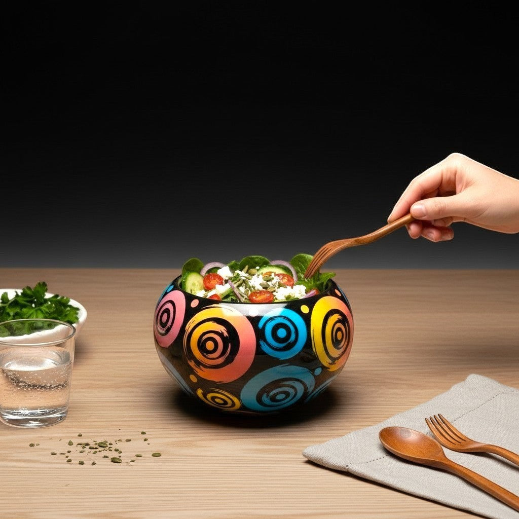 CeramicMeltdown.com black ceramic bowl with rainbow swirl pattern and yellow interior.