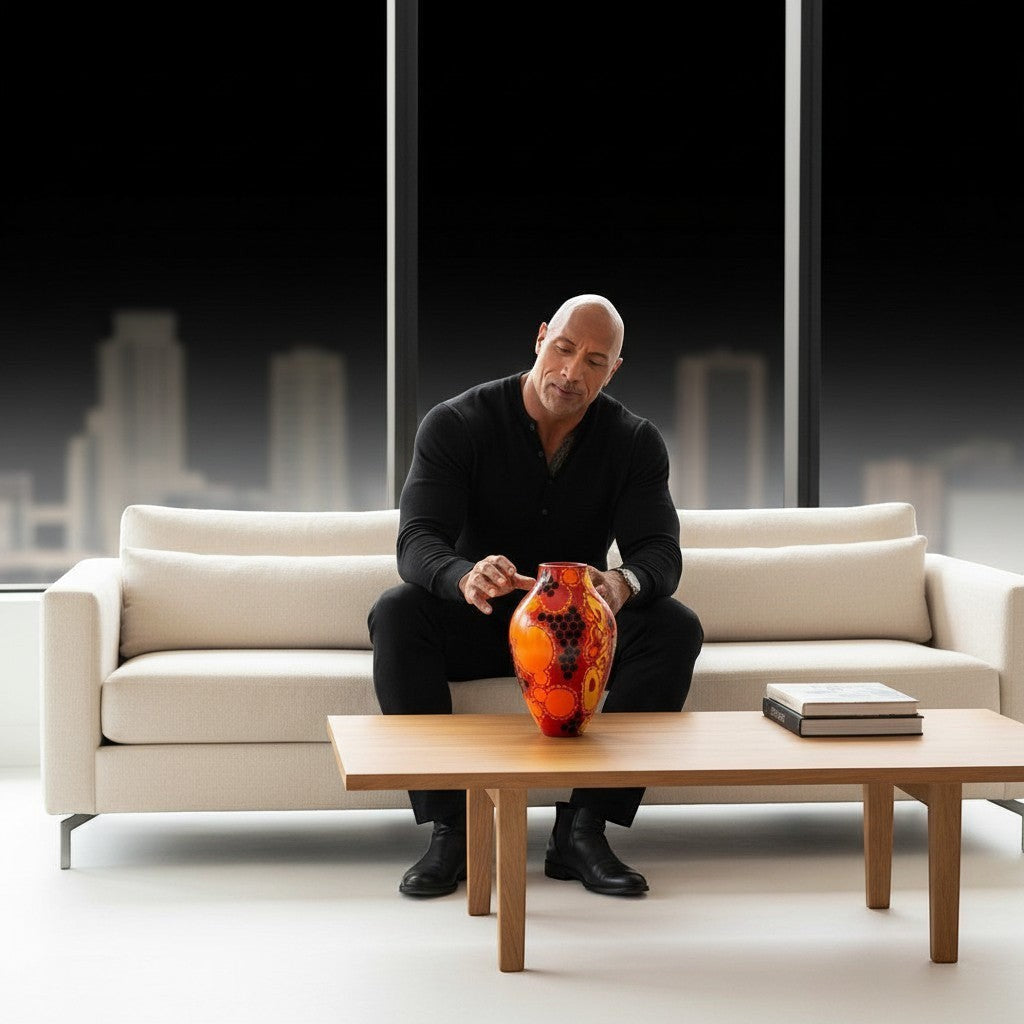 CeramicMeltdown.com Solar Flare 1 vase with red, orange, and yellow abstract bubble pattern. Black dots and yellow swirls adorn the vibrant ceramic.