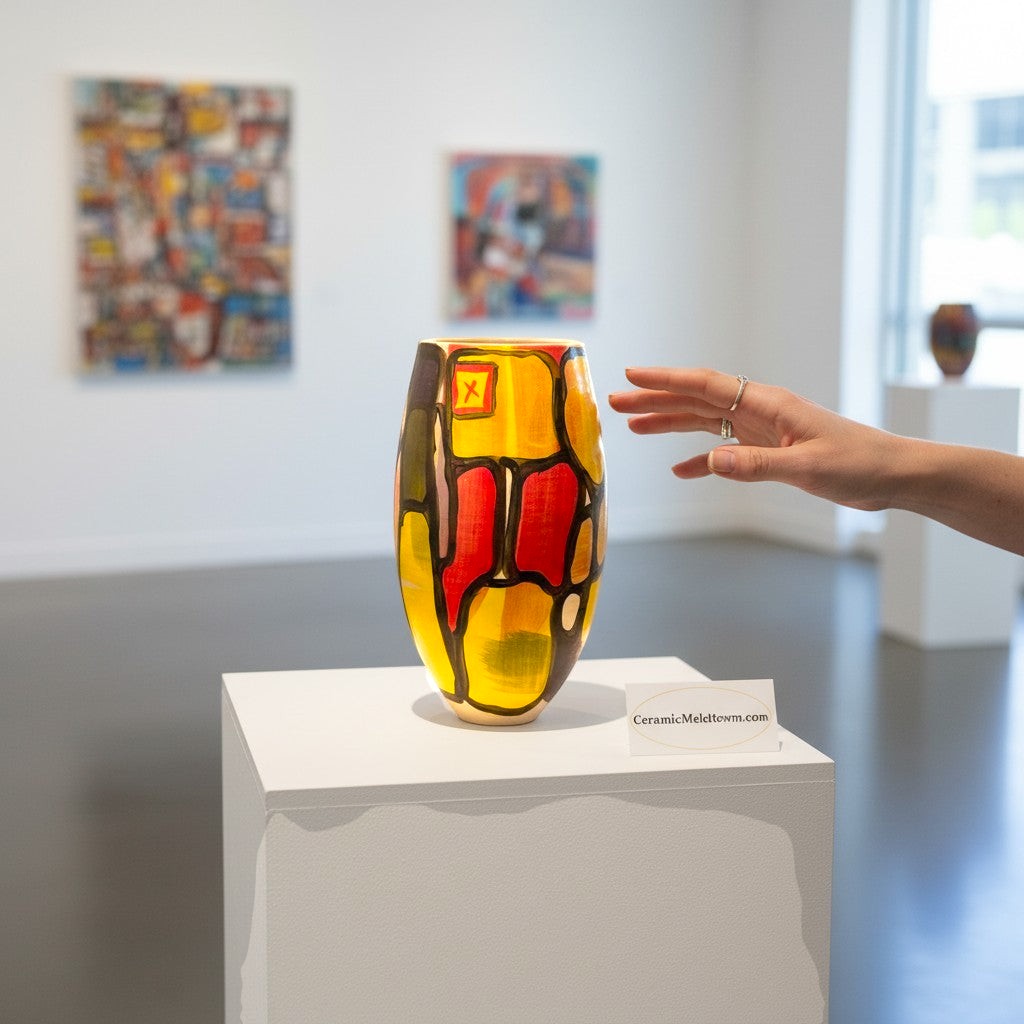 CeramicMeltdown.com Fjord vase with abstract yellow, red, and black design. Unique art piece.