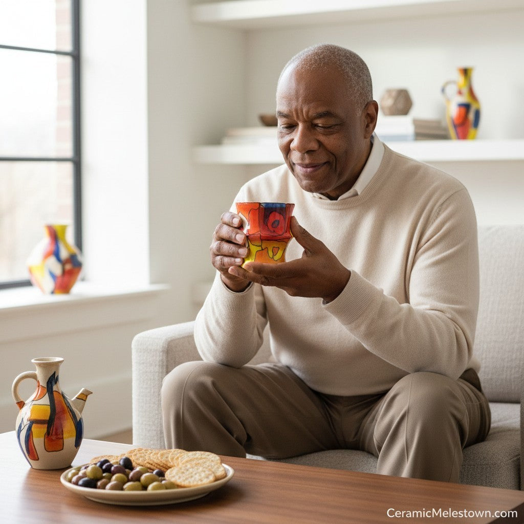 CeramicMeltdown.com hand-painted ceramic tumbler with abstract colorful design, held by a man in a cream sweater.