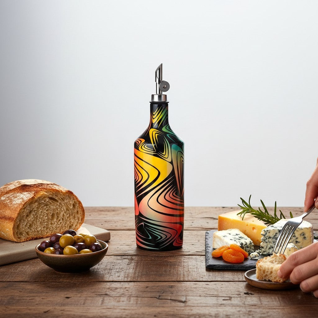 CeramicMeltdown.com abstract wave pattern olive oil bottle with a spout, featuring yellow, orange, green, and black colors.