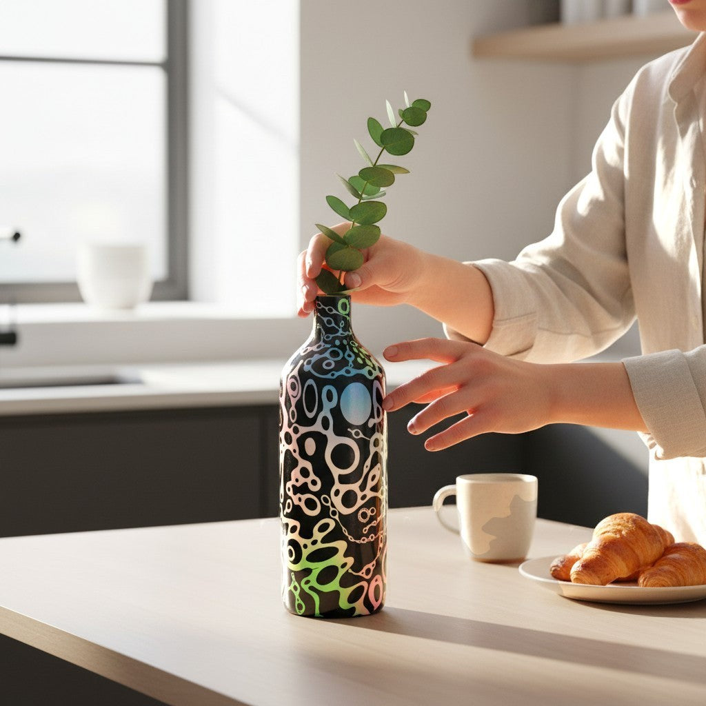 CeramicMeltdown.com handmade white ceramic bottle with ameba-like pattern in rainbow gradient and black.