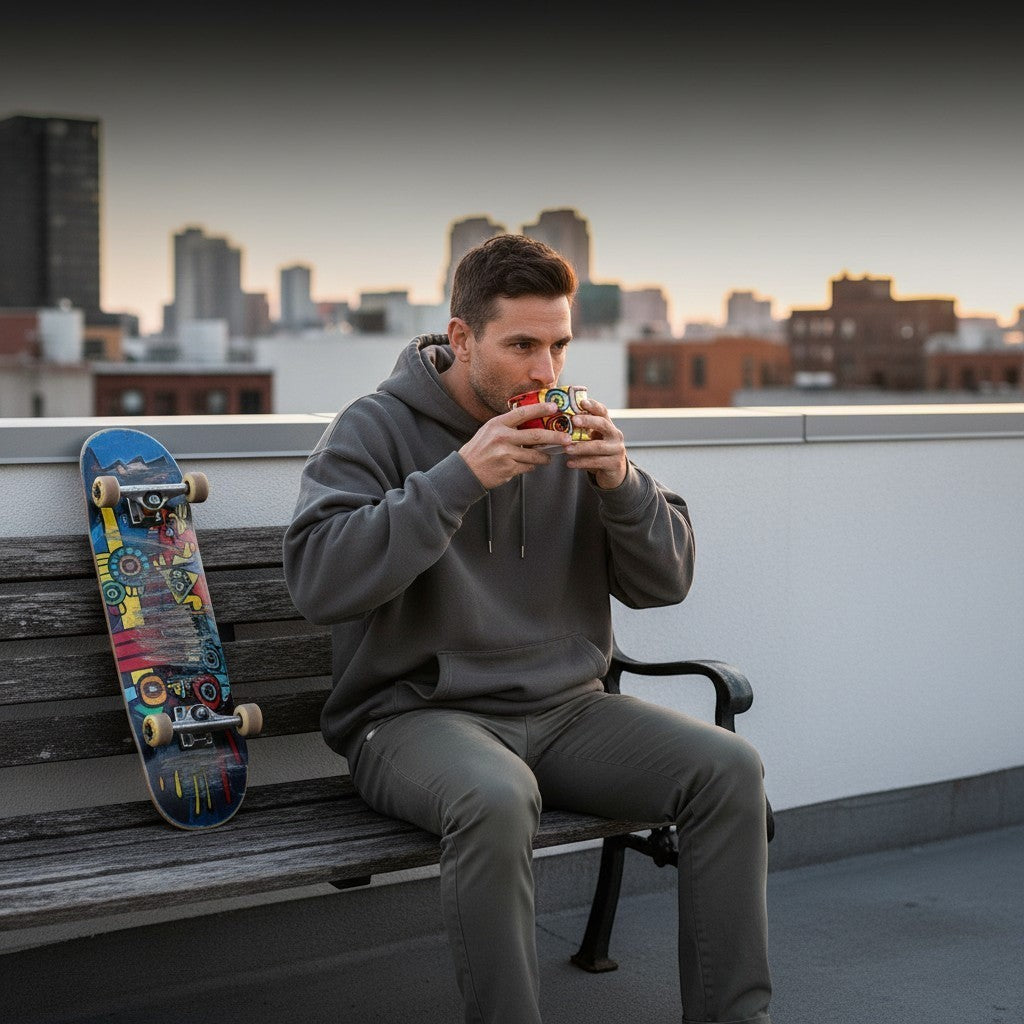 Man in grey hoodie drinking from a colourful CeramicMeltdown.com Freedom Cup on a bench next to a skateboard.