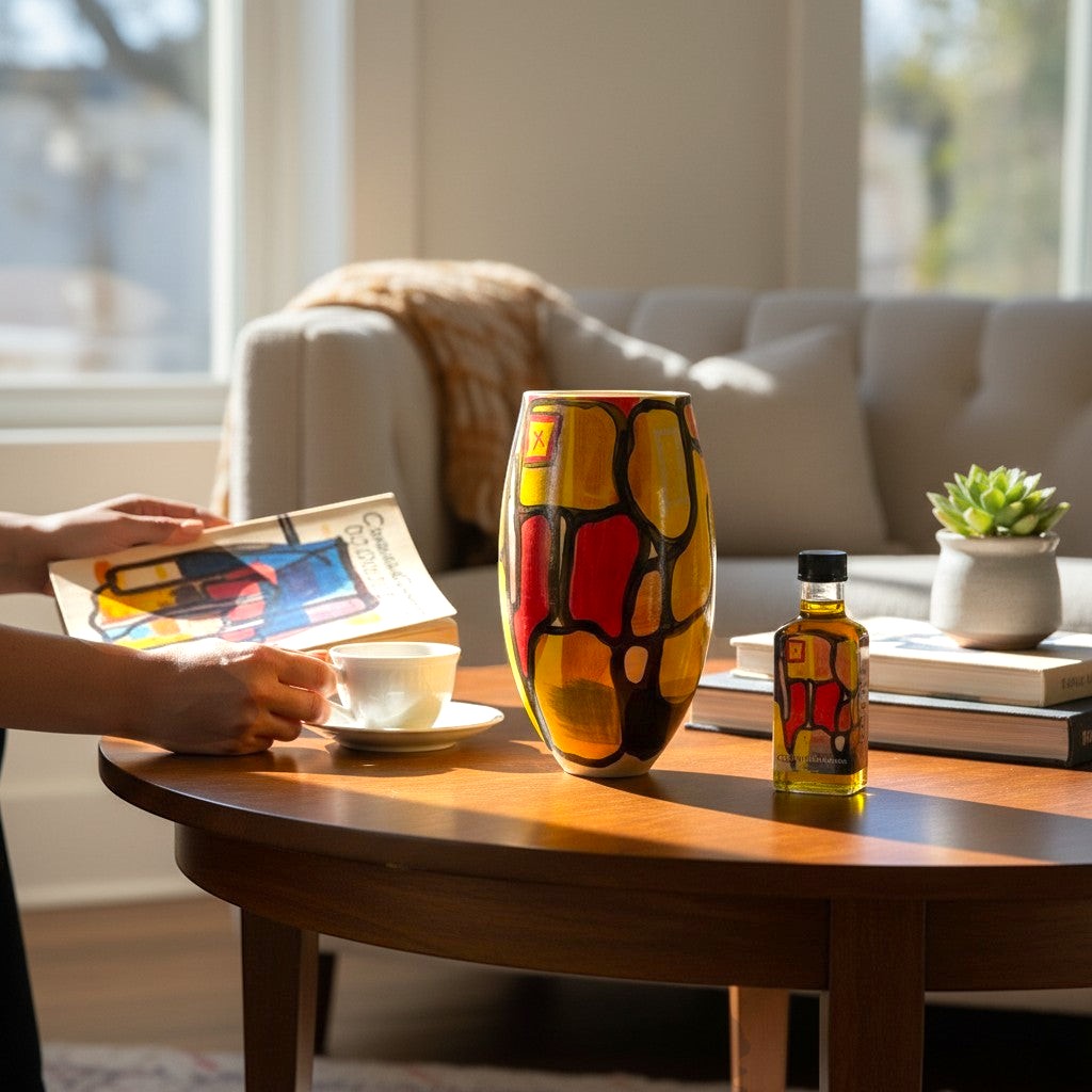 CeramicMeltdown.com Fjord vase with abstract yellow, red, and black design. Unique art pottery.