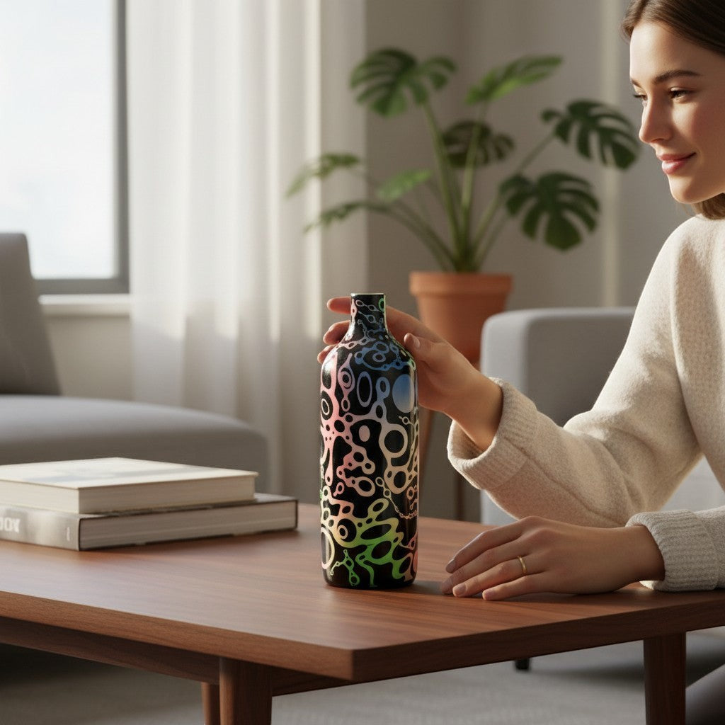 CeramicMeltdown.com handmade white ceramic ameba bottle with abstract organic pattern in rainbow gradient.