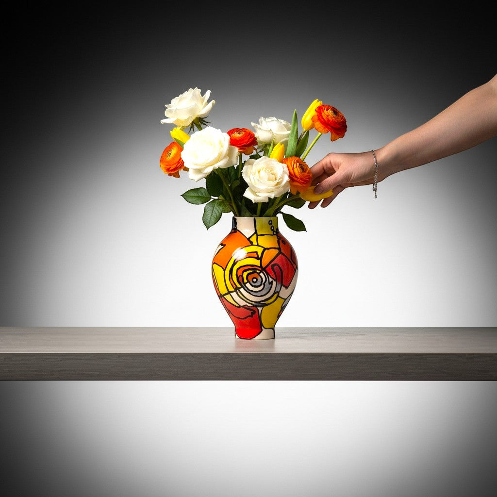 CeramicMeltdown.com abstract expressionist moon jar with bold red, orange, yellow, and black geometric patterns.