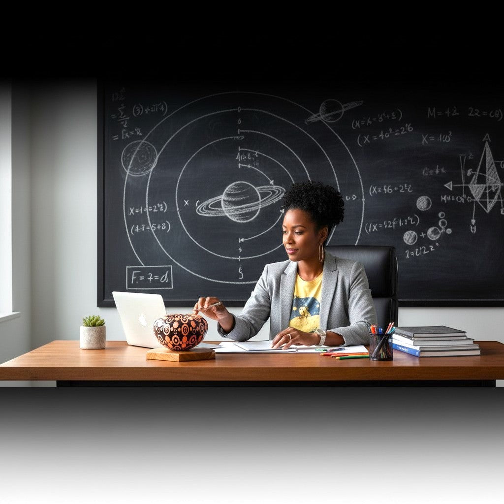 CeramicMeltdown.com woman in grey blazer and yellow shirt at desk with solar system chalkboard
