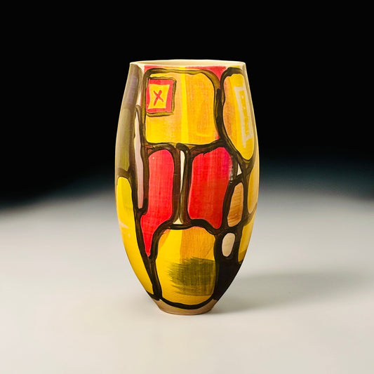 CeramicMeltdown.com Fjord vase with abstract yellow, red, and black design. Unique art piece.