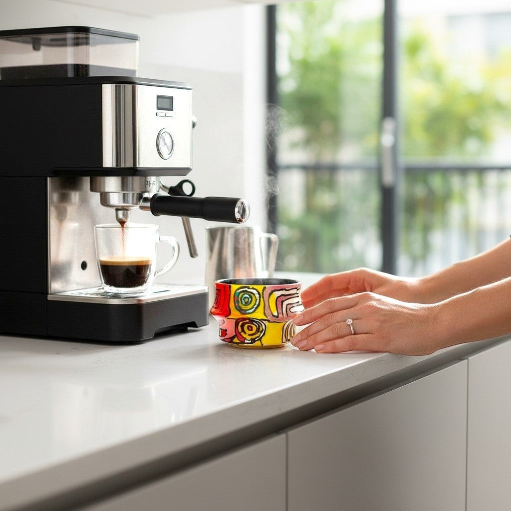 CeramicMeltdown.com Freedom Cup with abstract colourful design, next to an espresso machine.
