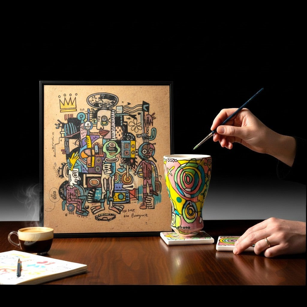 CeramicMeltdown.com Bill Vase, a vibrant, hand-painted ceramic vase with a colorful abstract design, featuring concentric circles and geometric shapes in yellow, pink, blue, and green.