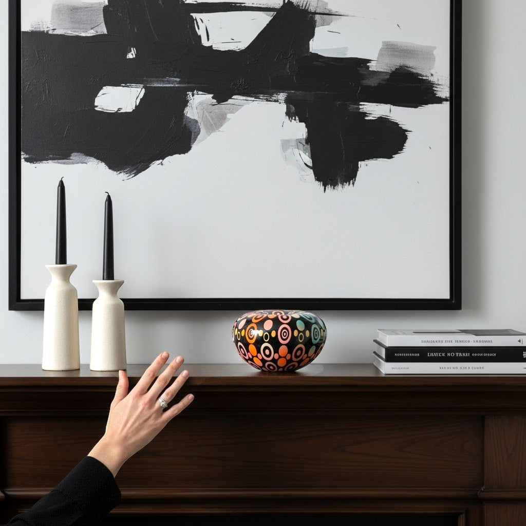 CeramicMeltdown.com decorative bowl with colorful concentric circles pattern on black background. Modern art.