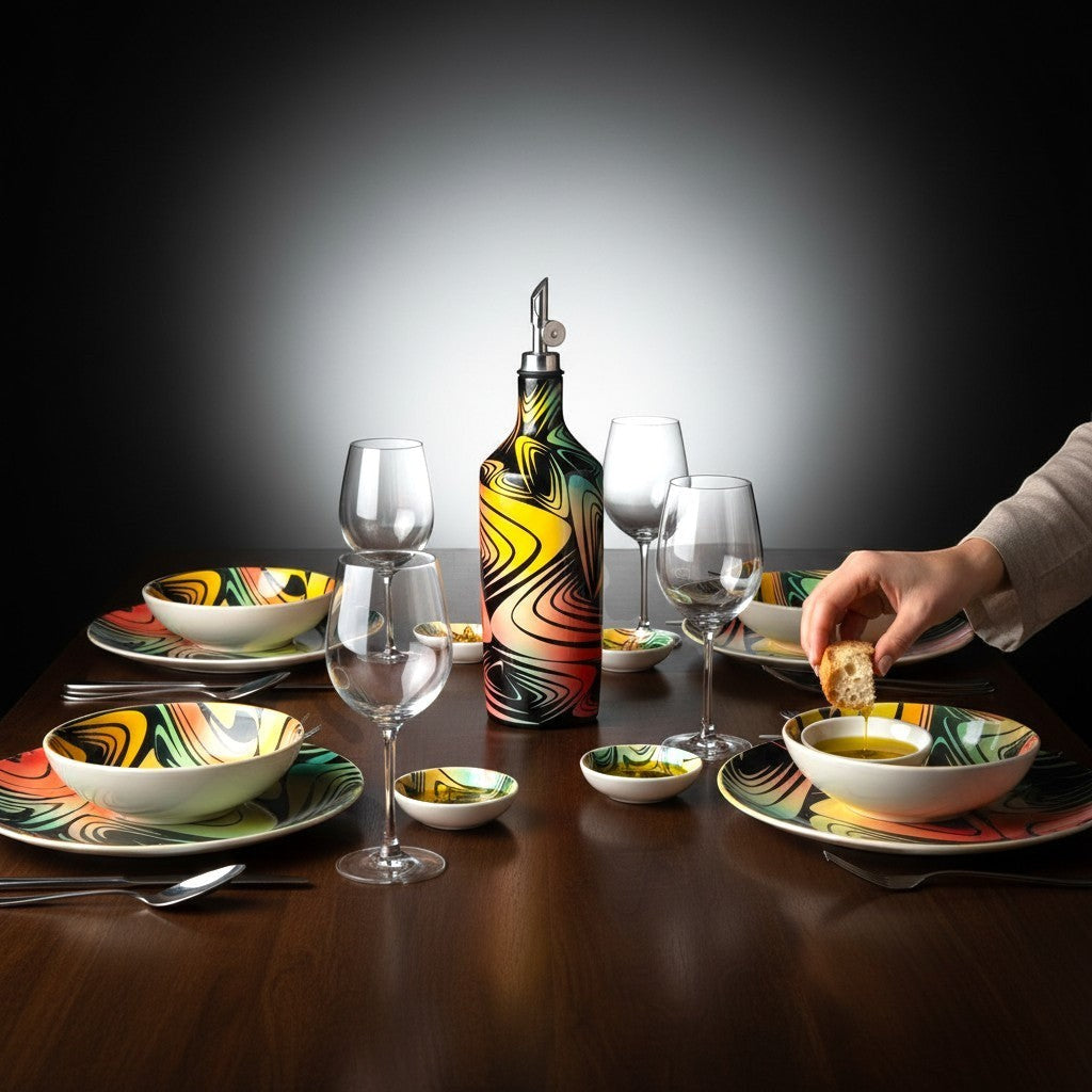 CeramicMeltdown.com Wave Olive Oil Bottle with colourful abstract design, set on a dining table with plates and wine glasses.