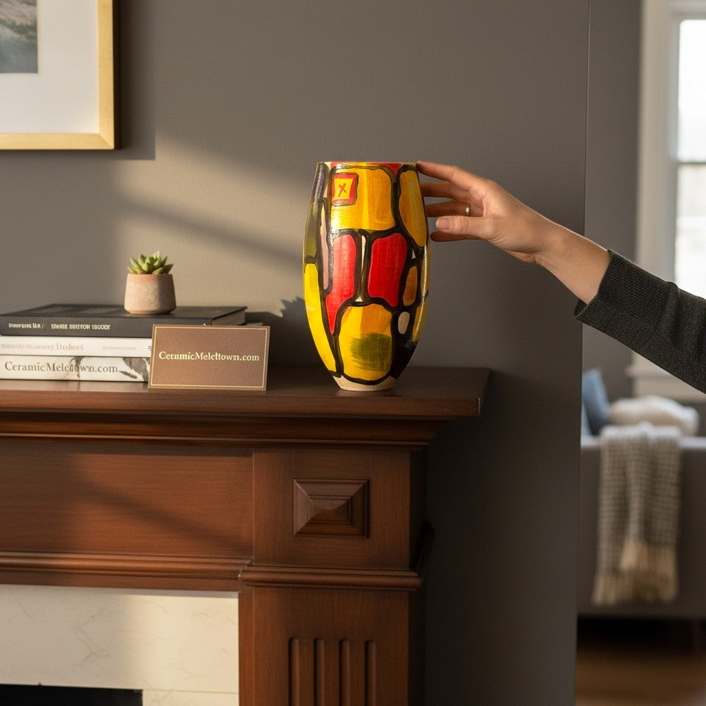 CeramicMeltdown.com Fjord vase with abstract yellow, red, and black design. Unique art pottery.