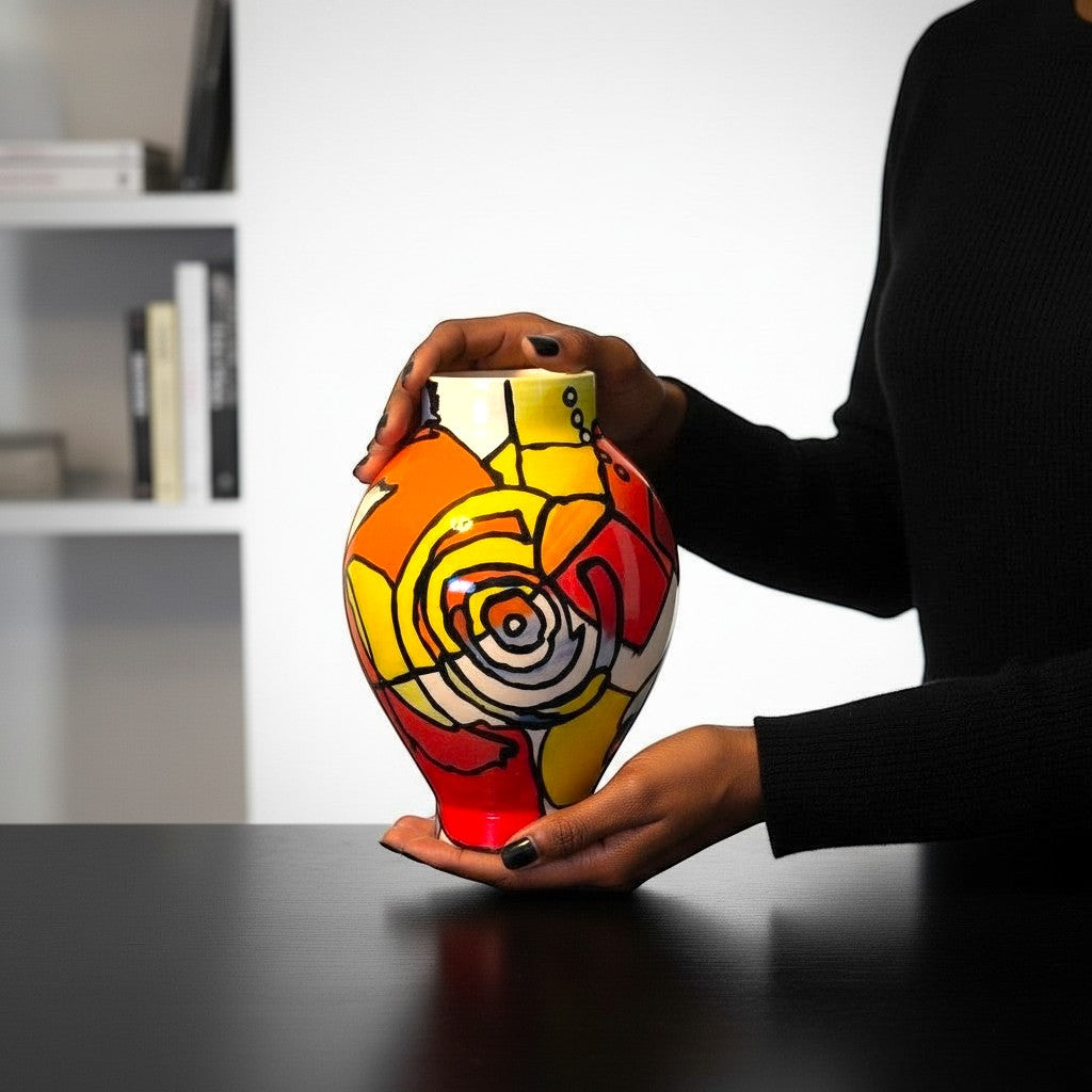 CeramicMeltdown.com abstract expressionist moon jar with bold red, orange, yellow, and black geometric patterns.