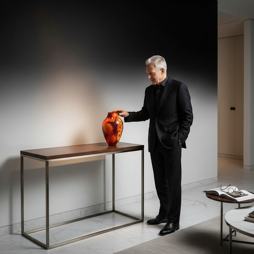 CeramicMeltdown.com Solar Flare 1 vase with red, orange, and yellow abstract bubble and dot pattern.