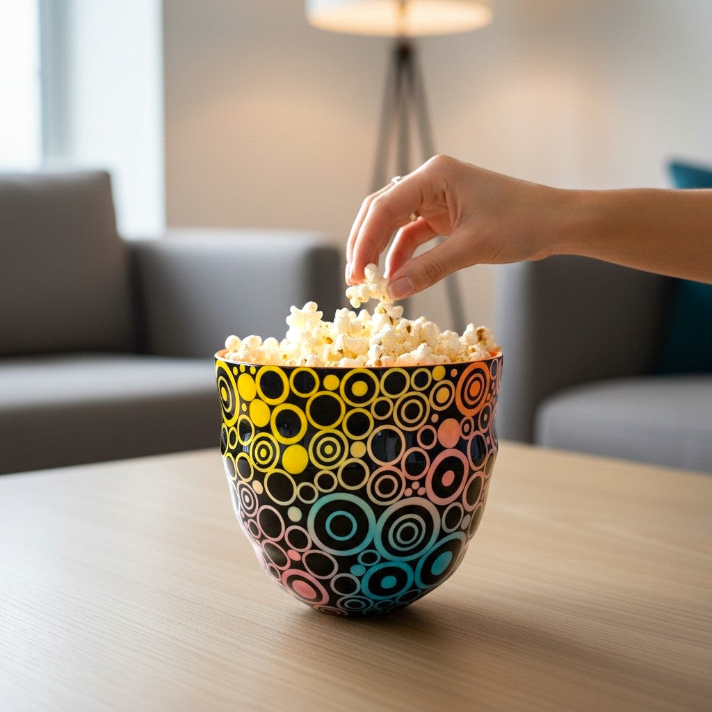 CeramicMeltdown.com popcorn bowl with a vibrant circle pattern in yellow, orange, pink, and blue hues. A hand reaches in to grab popcorn.