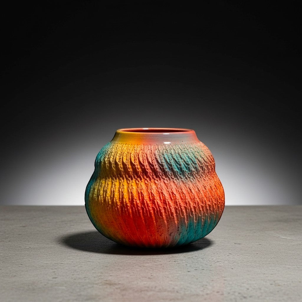 CeramicMeltdown.com textured ceramic vessel with abstract swirl pattern in red, orange, yellow, blue, and green hues.
