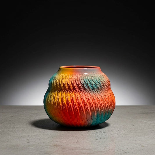 CeramicMeltdown.com textured ceramic vessel with abstract swirl pattern in red, orange, yellow, blue, and green hues.