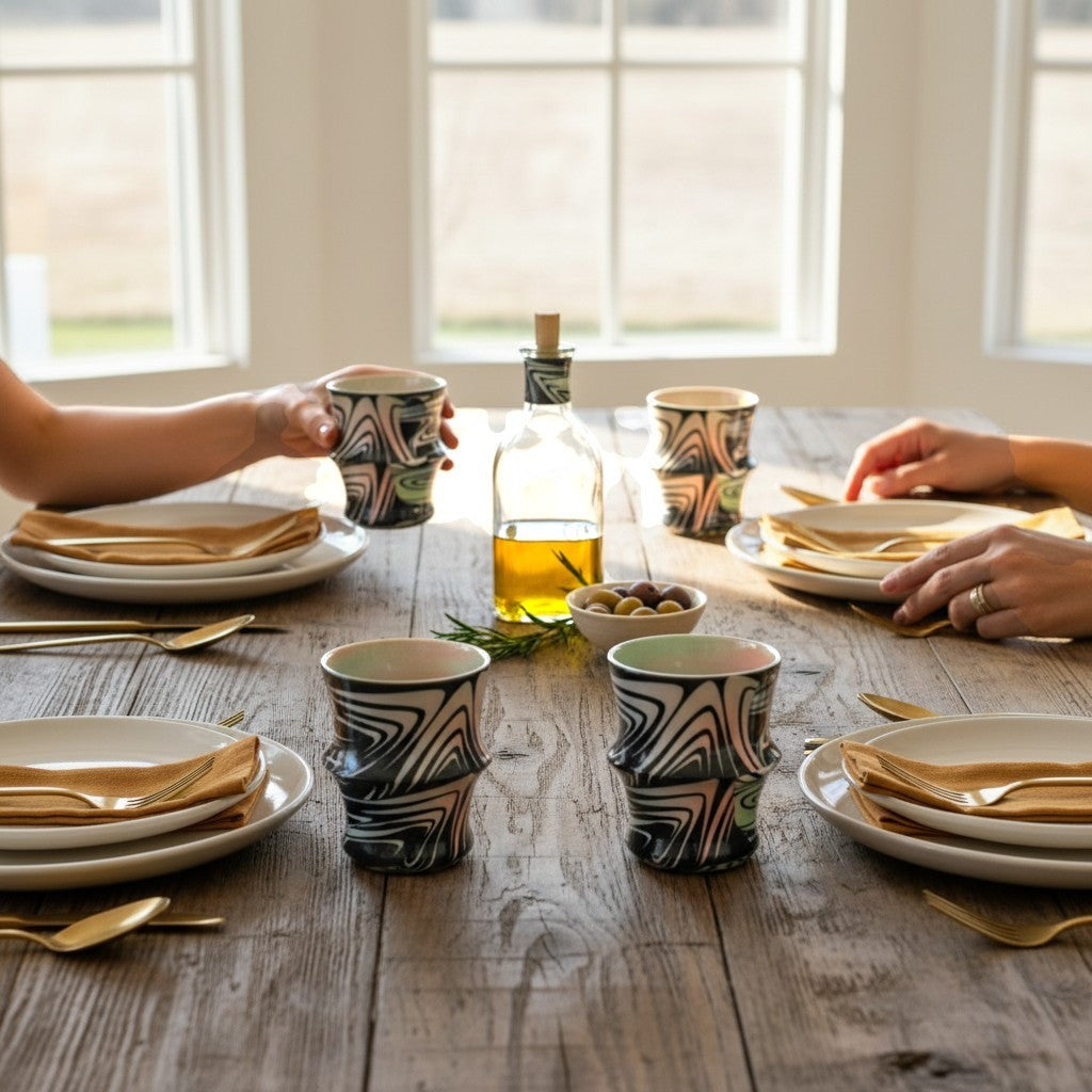 CeramicMeltdown.com Wave Tumbler with abstract black, white, and pink swirl pattern. Set on a rustic wooden table with place settings.