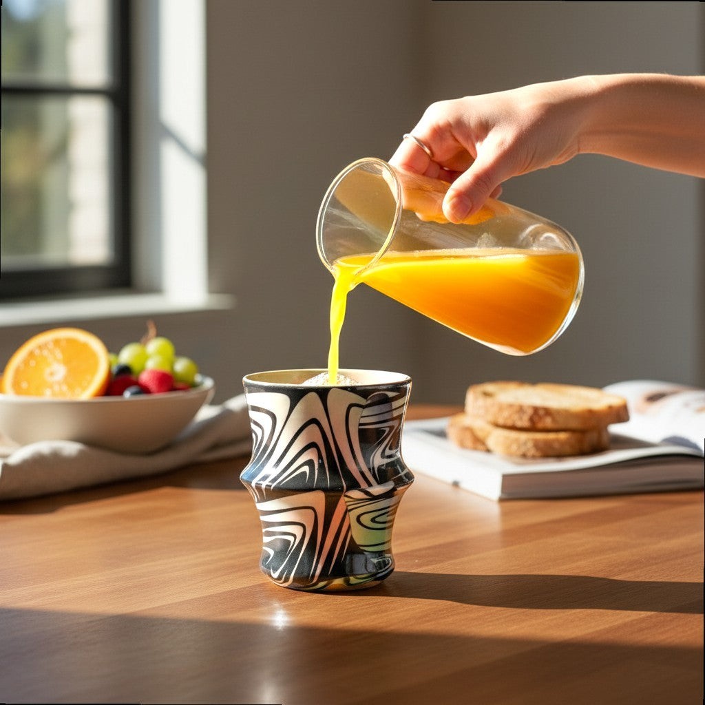 CeramicMeltdown.com Wave Tumbler with black and white abstract pattern, being filled with orange juice.