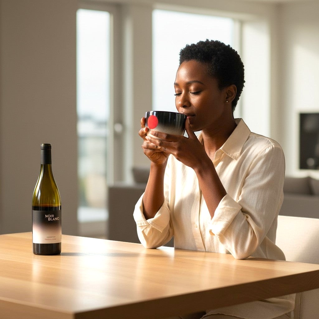 CeramicMeltdown.com black and white ceramic wine cup with red dot detail, held by a woman.