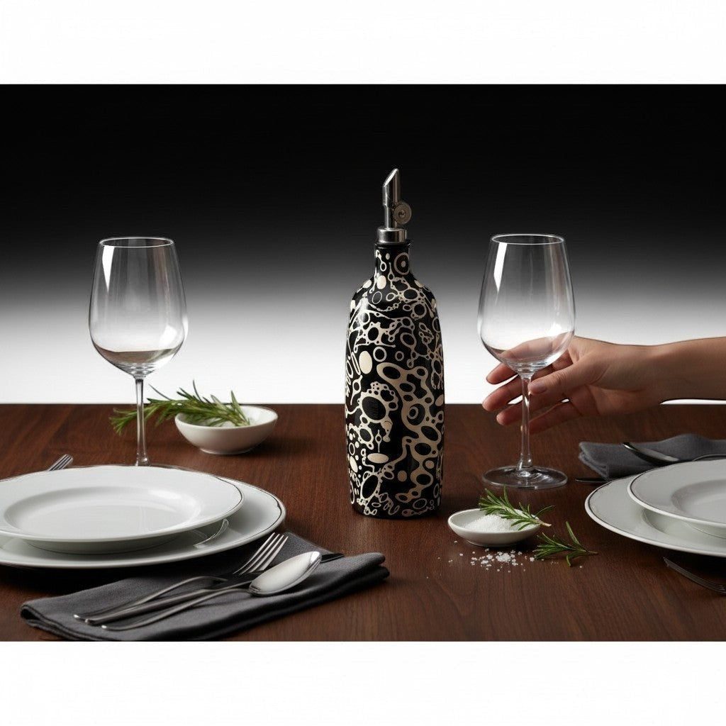 CeramicMeltdown.com black and white ameba patterned ceramic olive oil bottle with pouring spout.