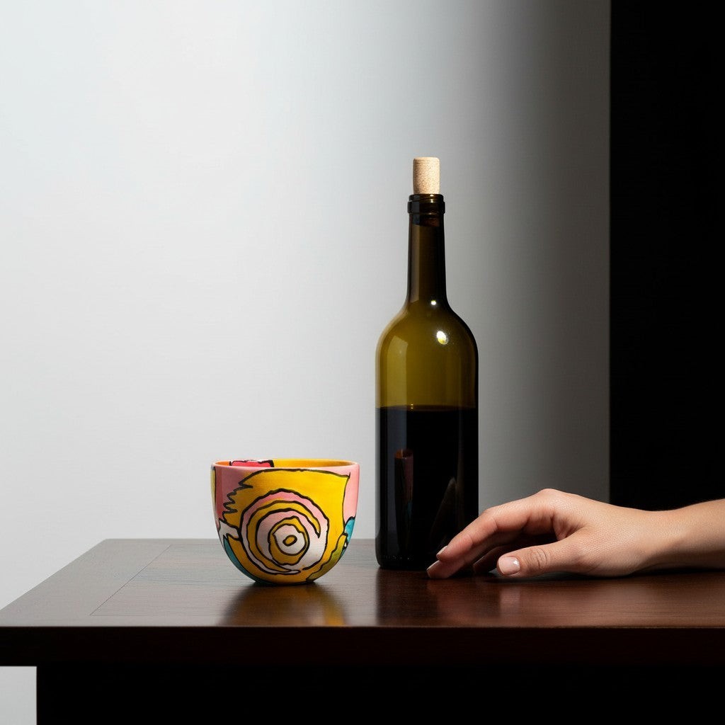 CeramicMeltdown.com abstract art wine cup with yellow, pink, and blue swirls. Next to a wine bottle.