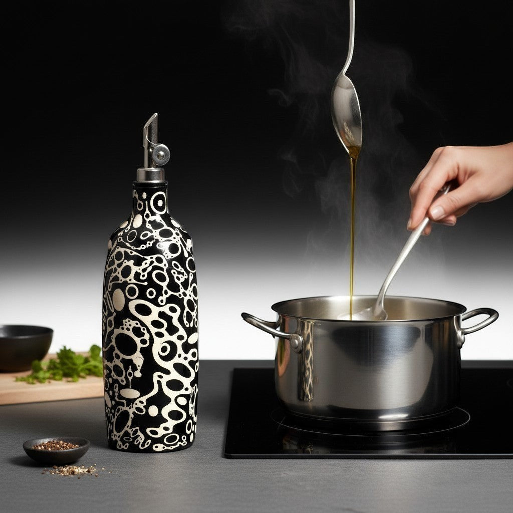 CeramicMeltdown.com black and white ameba patterned ceramic olive oil bottle with pouring spout.