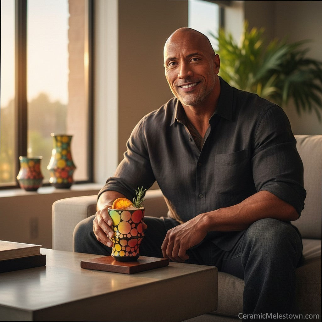 CeramicMeltdown.com man holding a colorful polka dot ceramic tumbler with a drink and garnish.