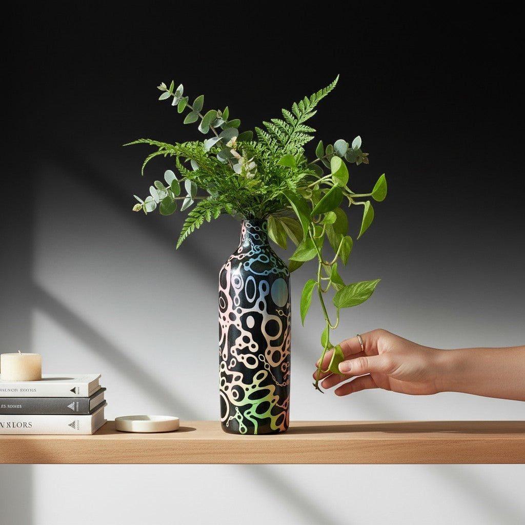CeramicMeltdown.com handmade white ceramic ameba bottle with abstract rainbow pattern and narrow neck.