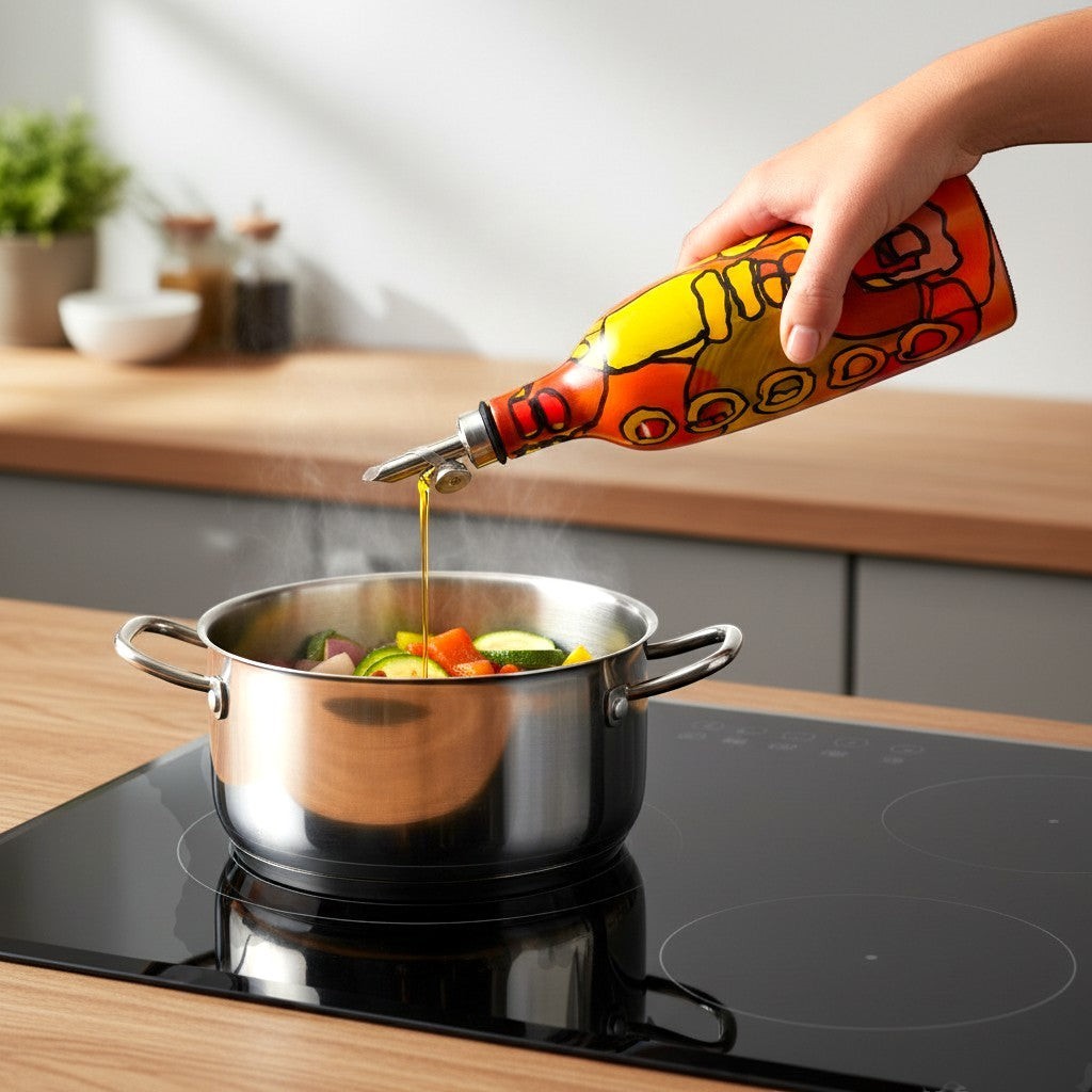 CeramicMeltdown.com abstract expressionist olive oil bottle with yellow and orange design, pouring oil into a pot of vegetables.