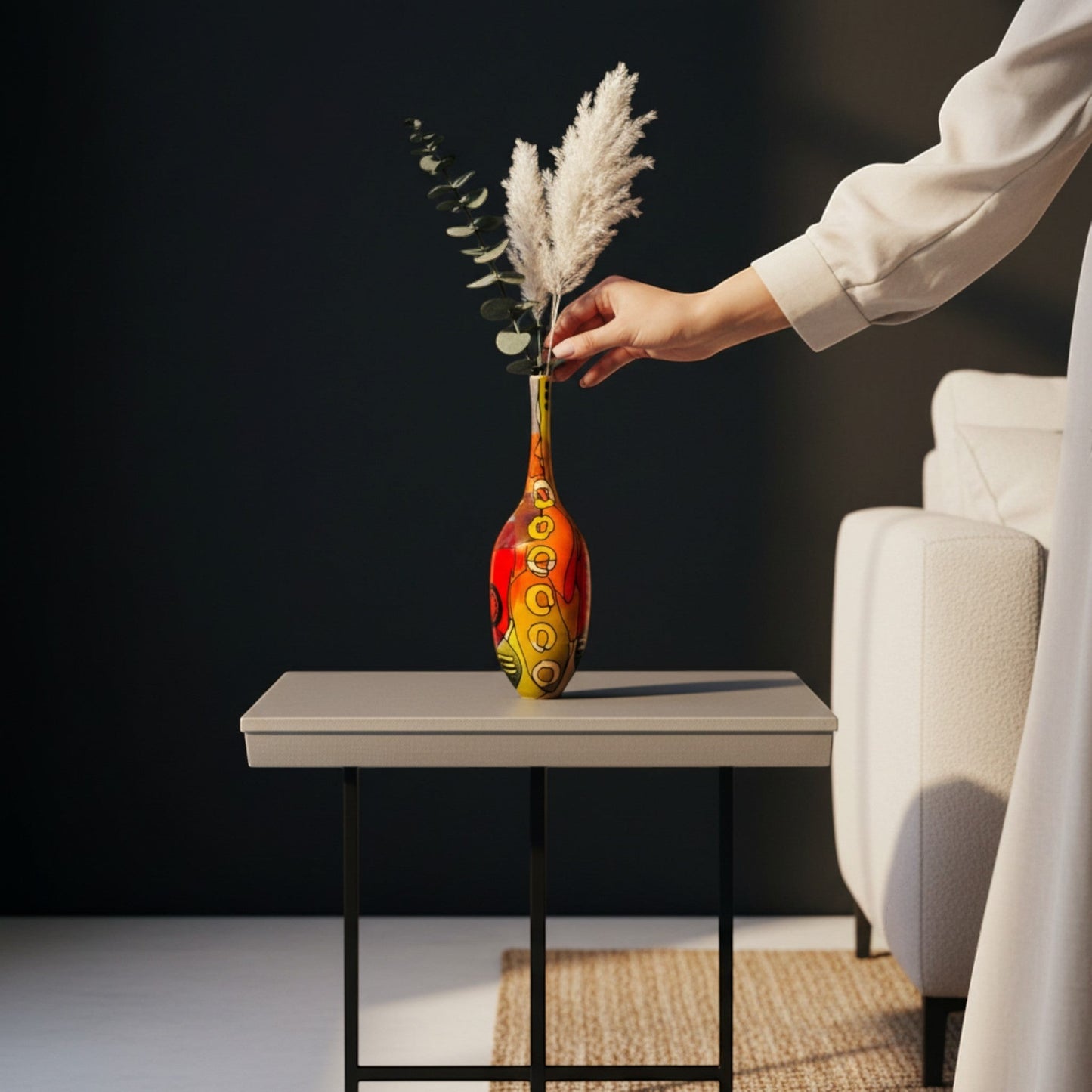 CeramicMeltdown.com Lensing vase in red, orange, yellow, and turquoise with a glossy finish and abstract design.