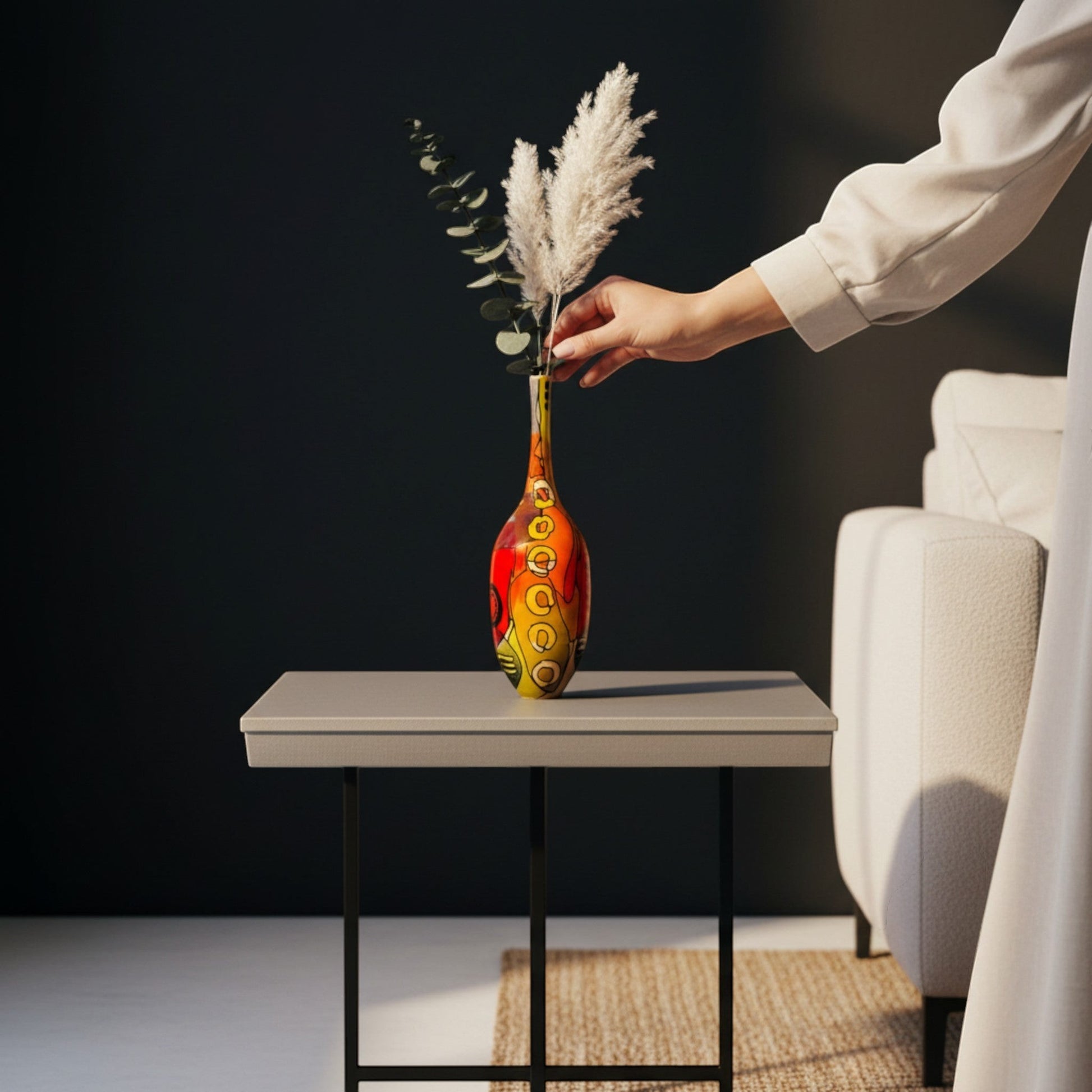CeramicMeltdown.com Lensing vase in red, orange, yellow, and turquoise with a glossy finish and abstract design.