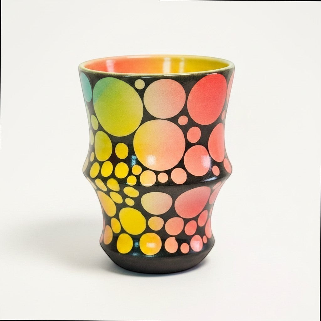 CeramicMeltdown.com ceramic tumbler with a gradient of colorful polka dots on a black background. Ergonomic design.