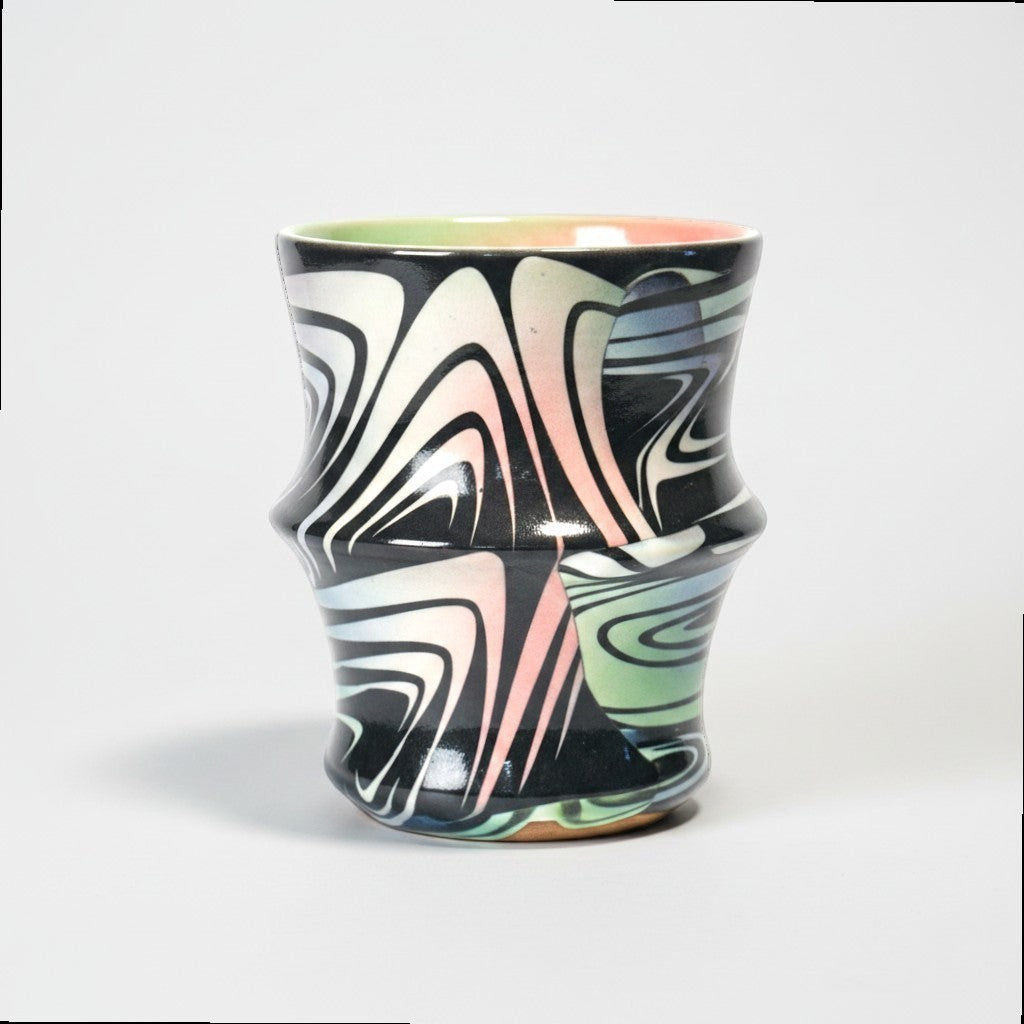 CeramicMeltdown.com Wave Tumbler with black, white, pink, and green swirling glaze.