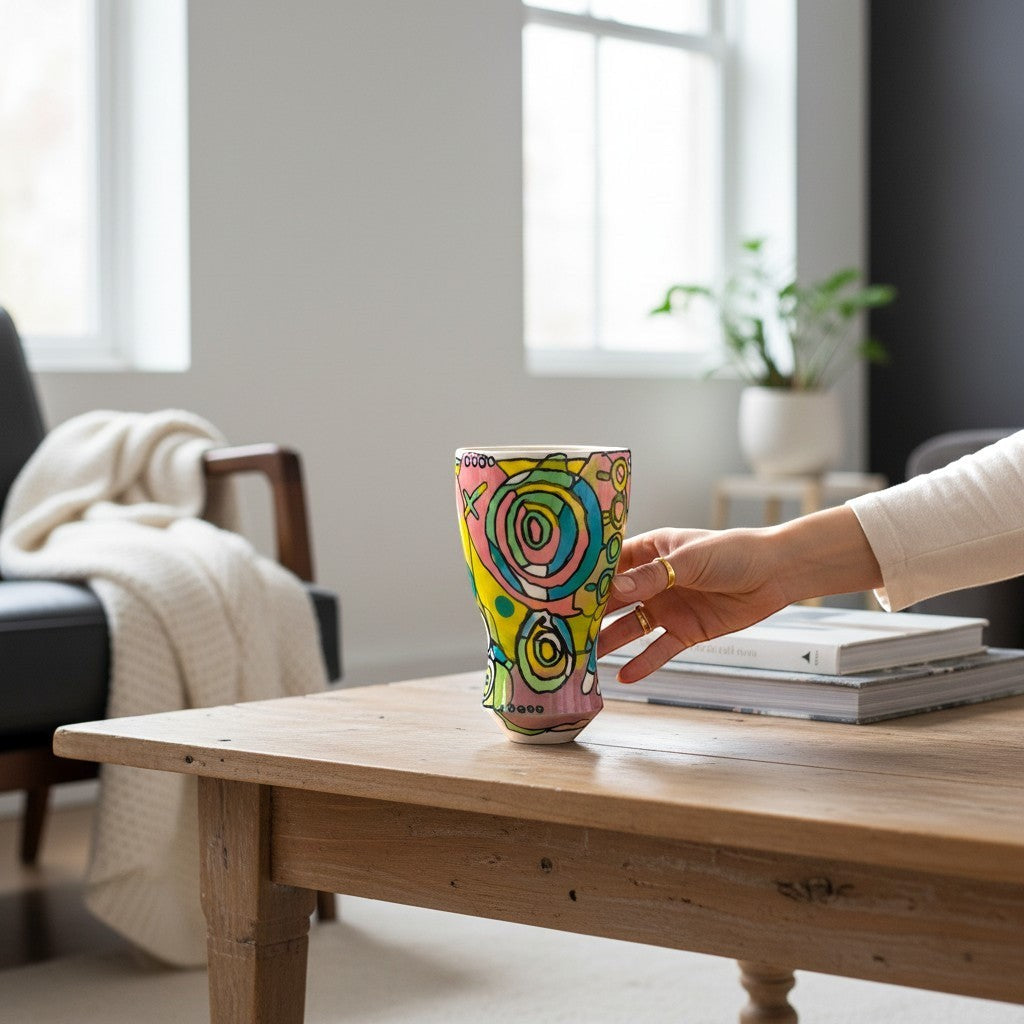 CeramicMeltdown.com Bill Vase, a vibrant, hand-painted ceramic vase with a colorful abstract design in yellow, pink, blue, and green.