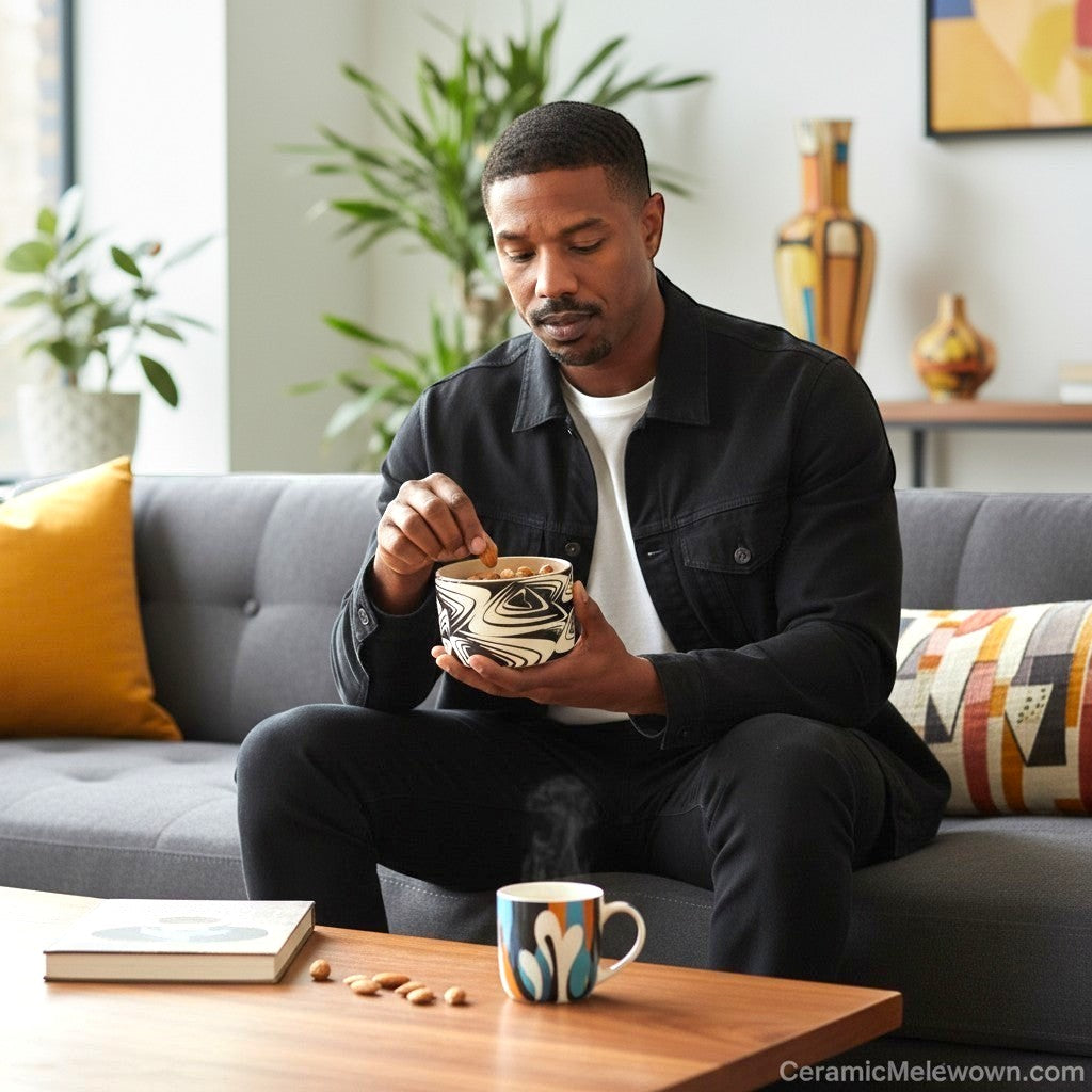 CeramicMeltdown.com Wave Catch All Bowl with black and white swirl pattern, held by a man sitting on a couch.