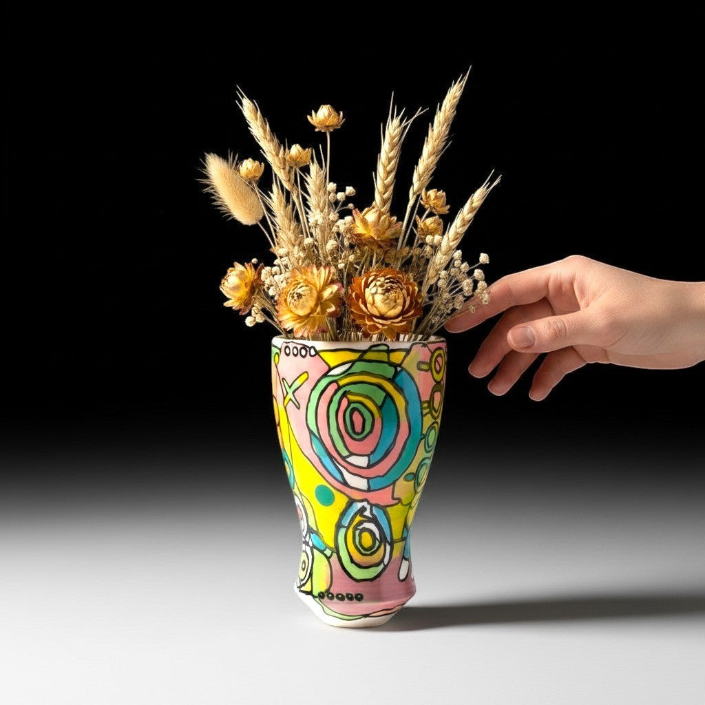 CeramicMeltdown.com abstract art vase with colorful swirls and circles, holding dried flowers.