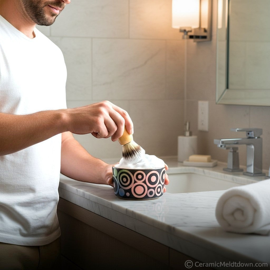 CeramicMeltdown.com black ceramic trinket dish with rainbow concentric circles and coral interior.