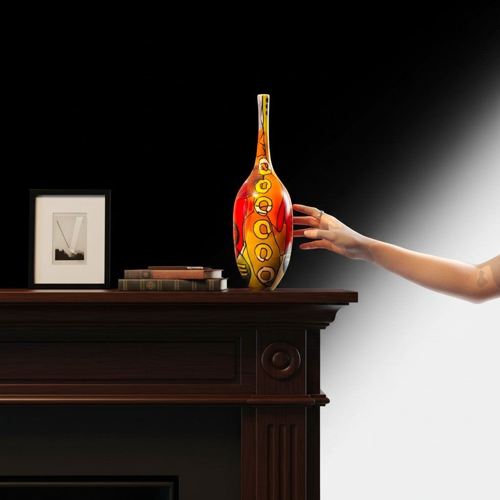 CeramicMeltdown.com Lensing vase with vibrant red, orange, yellow, and turquoise abstract design. White ceramic stoneware.