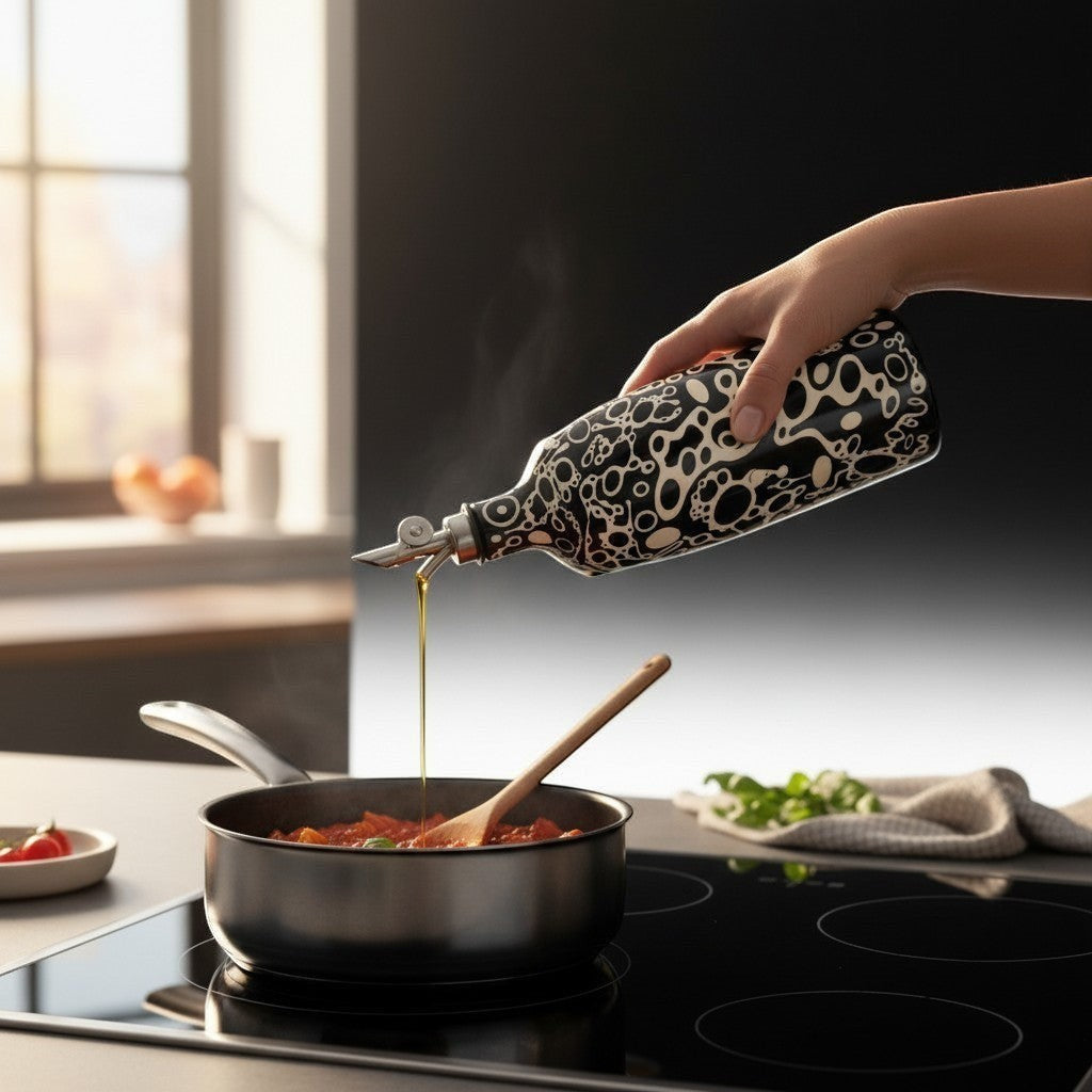 CeramicMeltdown.com black and white ameba patterned ceramic olive oil bottle with pouring spout.