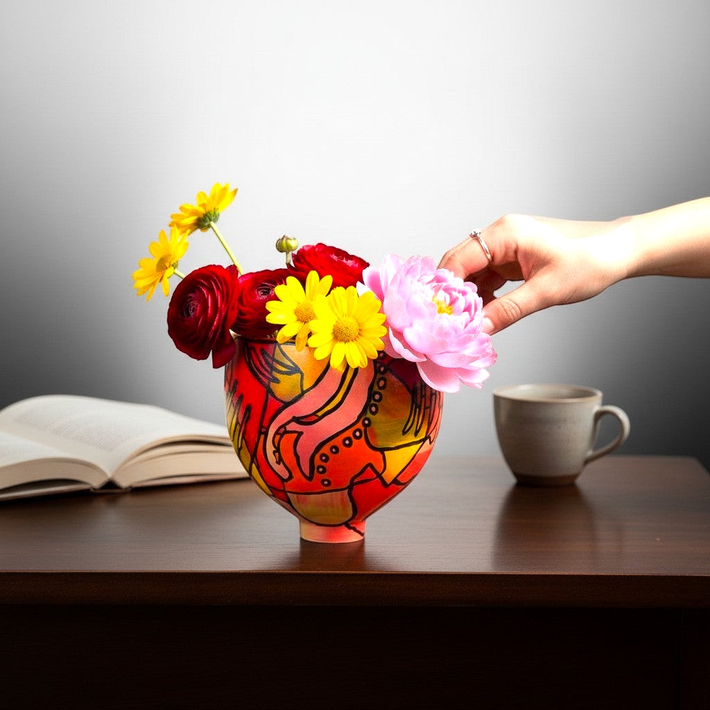 CeramicMeltdown.com abstract expressionist pedestal bowl in red and yellow with black line art, holding red, yellow, and pink flowers.