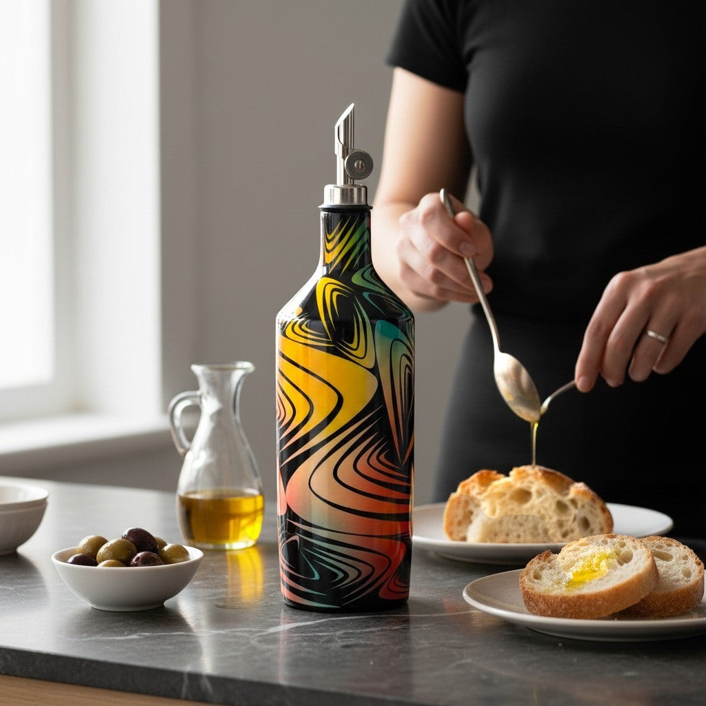 CeramicMeltdown.com abstract wave pattern olive oil bottle with a stainless steel pour spout, drizzling oil onto bread.