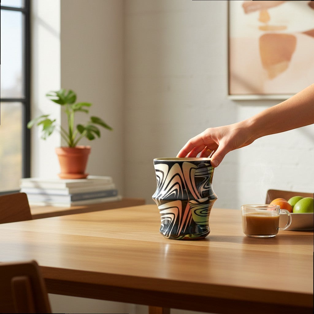 CeramicMeltdown.com Wave Tumbler with black, white, and pastel swirl pattern. Hand reaching for the unique ceramic mug.