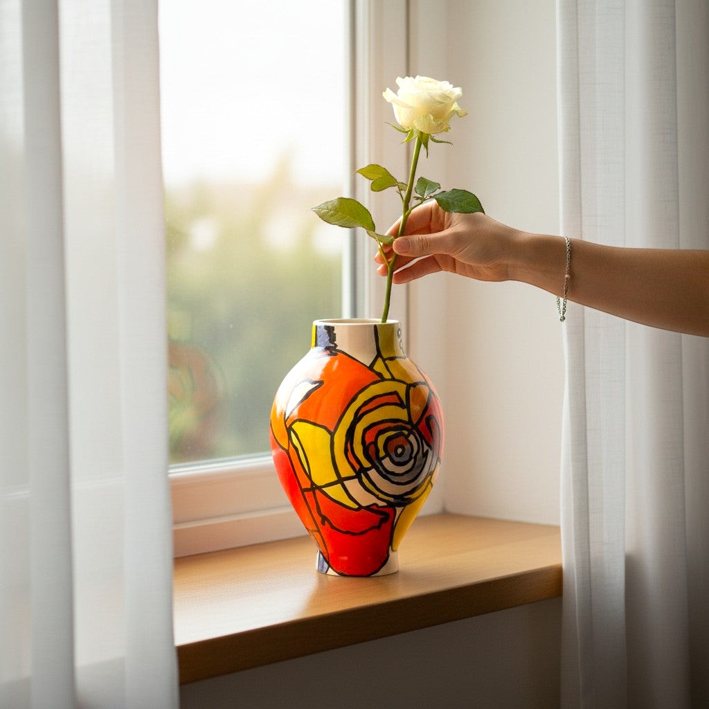 CeramicMeltdown.com abstract expressionist moon jar with bold red, orange, yellow, and black geometric patterns.