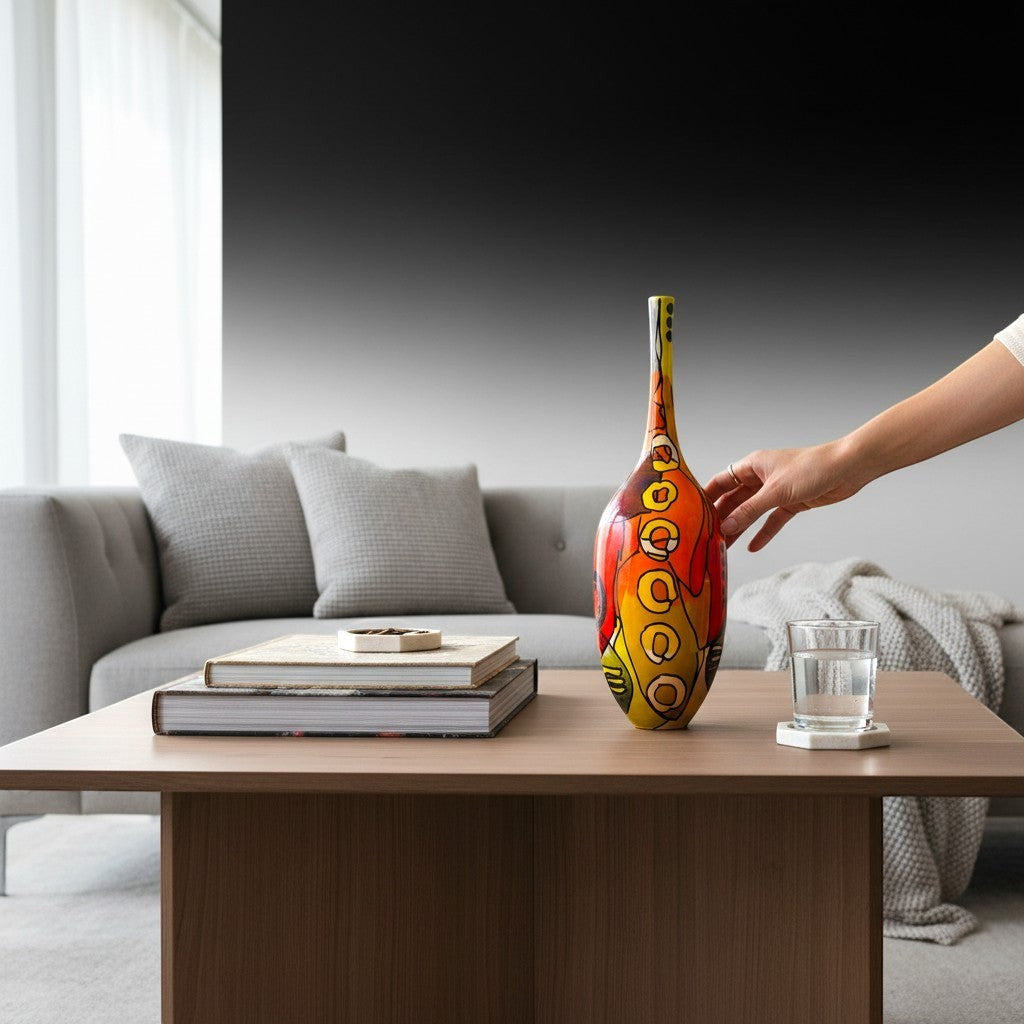 CeramicMeltdown.com Lensing vase in red, orange, yellow, and turquoise with a glossy finish and abstract design. White ceramic stoneware.