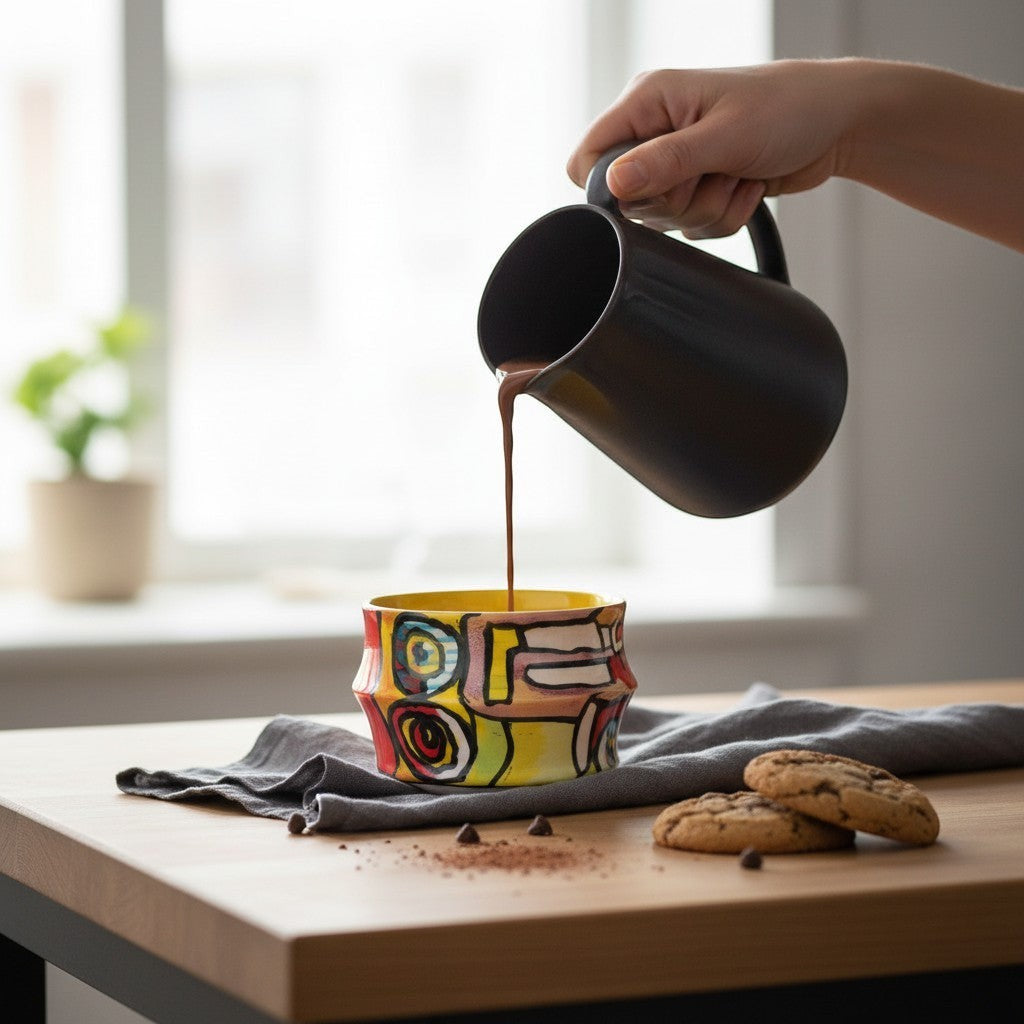 CeramicMeltdown.com Freedom Cup, a yellow ceramic mug with abstract colorful art, being filled with hot chocolate.