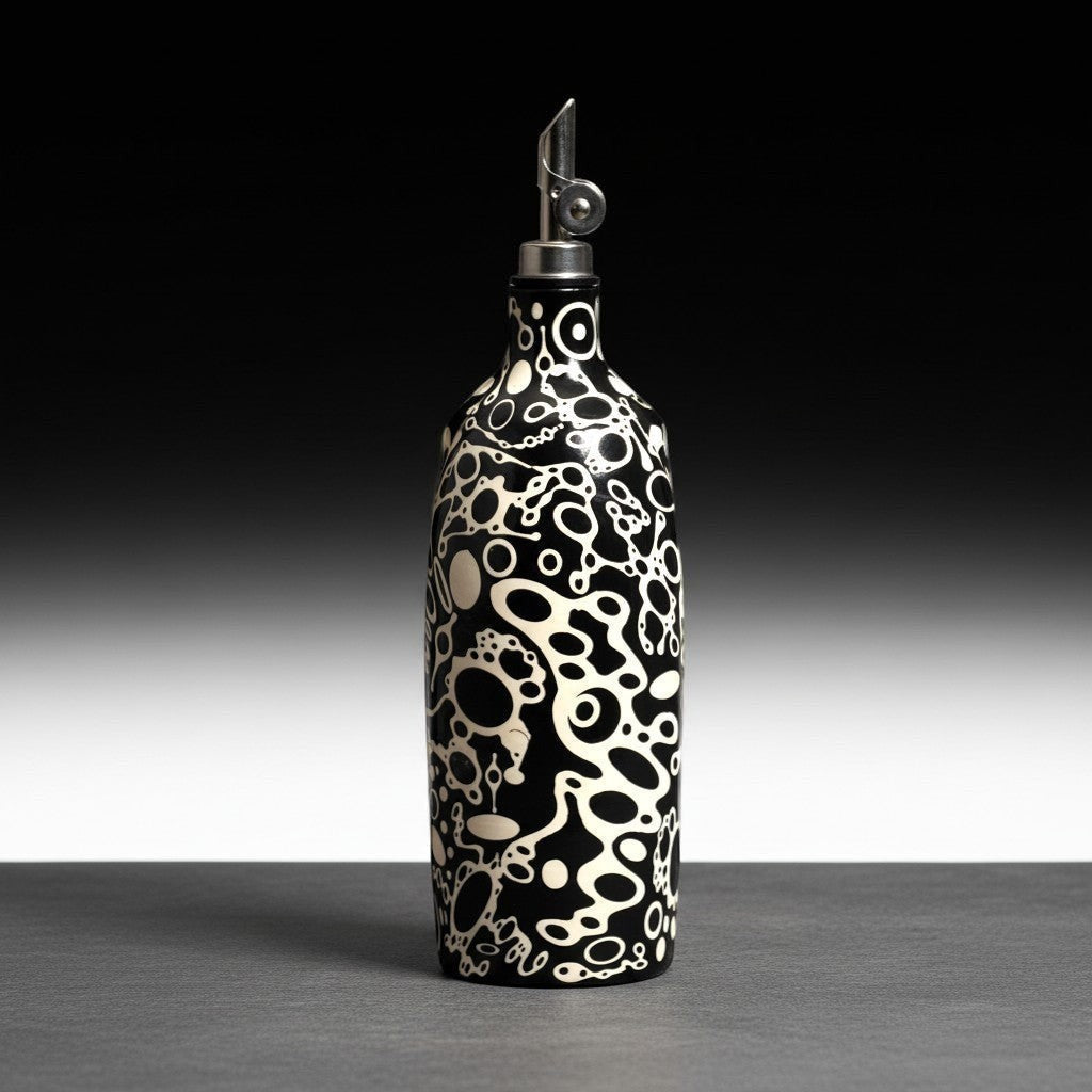 CeramicMeltdown.com black and white amoeba patterned ceramic olive oil bottle with pouring spout.